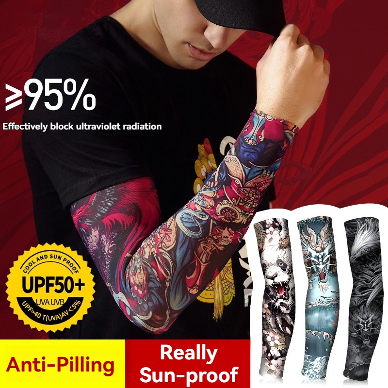 Summer Tattoo Sleeves Ice Silk - Cycling Arm Warmers 评论和价格